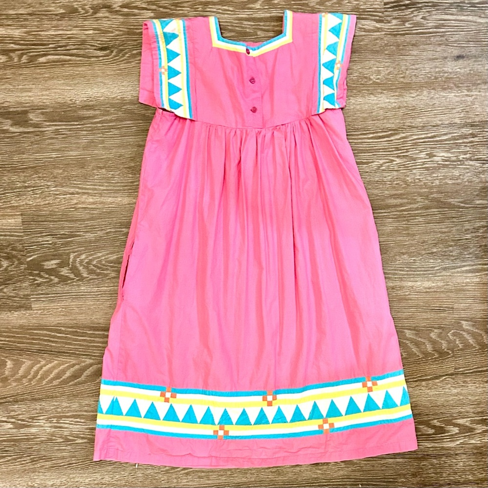 Vintage 70s Pink Quilted Detail Cotton Maxi House… - image 4